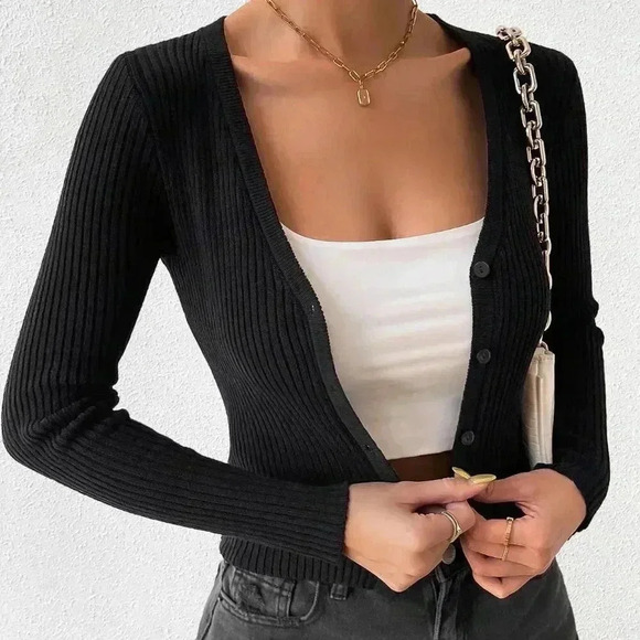 Black Casual Women's Ribbed Knit Button Front Cardigan - Picture 4 of 7